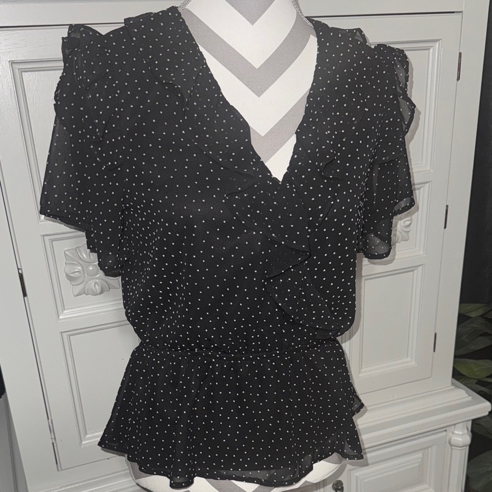 Black Polka Dot Ruffle Peplum Blouse - Women's